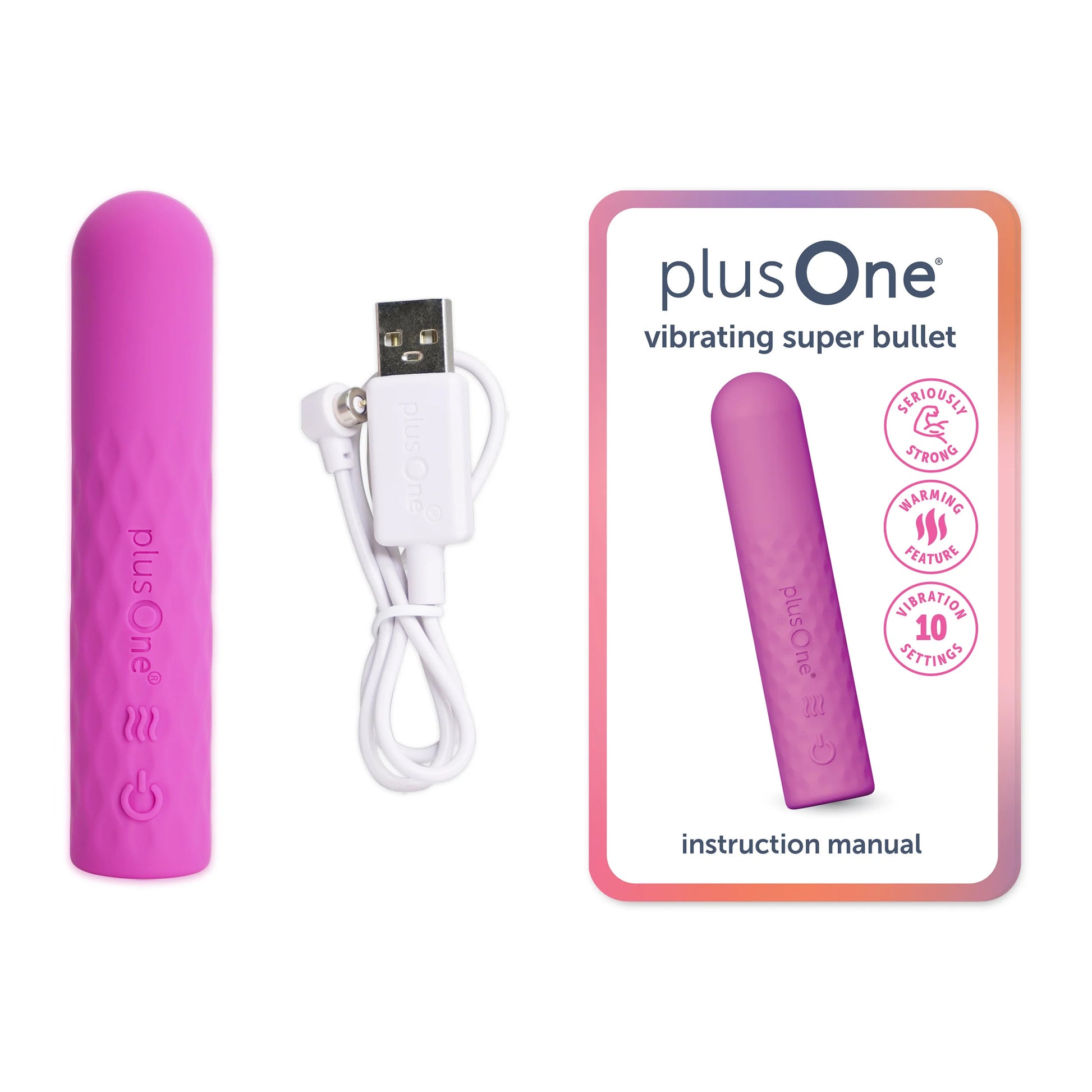 Tres elementos principales: a la izquierda, un vibrador super bullet de color rosa vibrante con textura geométrica y la marca "plusOne". En el centro, un cable de carga USB de color blanco. A la derecha, el manual de instrucciones del producto. El manual es una tarjeta rectangular con bordes degradados en rosa y naranja. Muestra el texto "plusOne" en la parte superior, seguido de "vibrating super bullet". En el centro del manual hay una imagen del vibrador rosa. Tres iconos circulares a la derecha de la ima